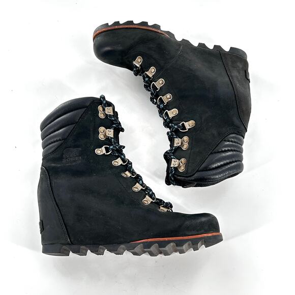 Sorel Conquest Wedge Boots 8.5 Black Leather LL5333-011 Lace Up Combat Moto - Picture 1 of 9